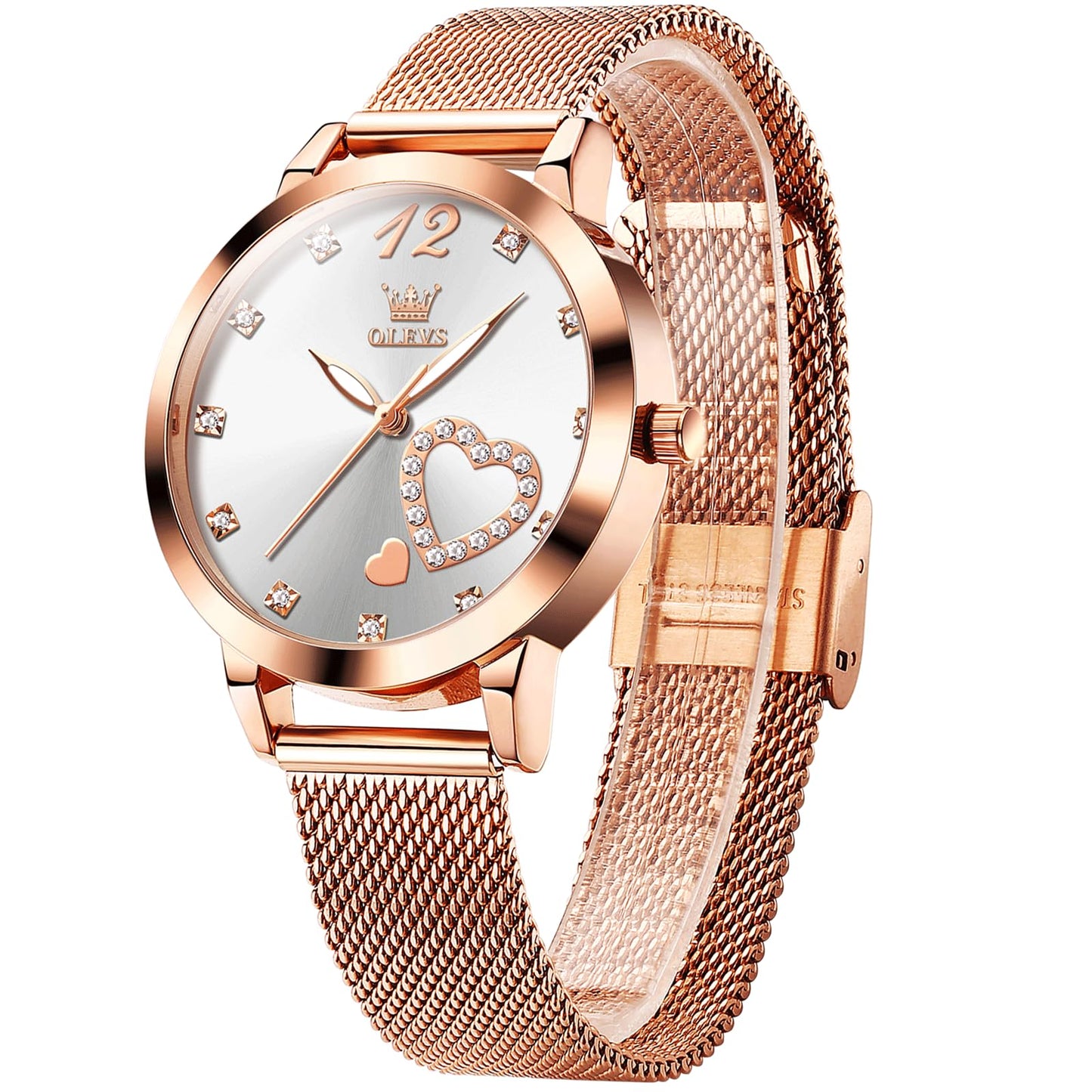 OLEVS Rose Gold Watches for Women White Face Stainless Steel Mesh Bracelet Womens Diamond Watch for Small Wrists Cute Waterproof Analog Quartz Womens Wristwatch Luminous Reloj para Mujer