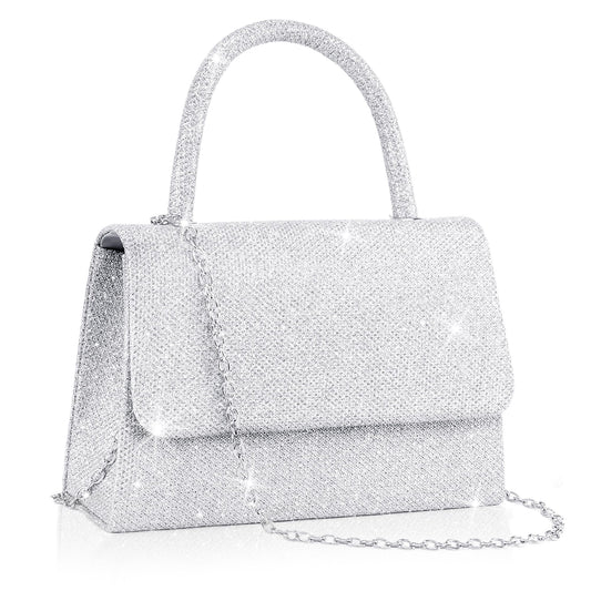 Larcenciel Women's Evening Handbags, Glitter Top Handle Evening Purse w/Chain, Silver Ladies Sequins Shoulder Crossbody Bag, Chic Guest Clutch for Party Prom Wedding Cocktail Club Dating,7.9x2.2x5.3in