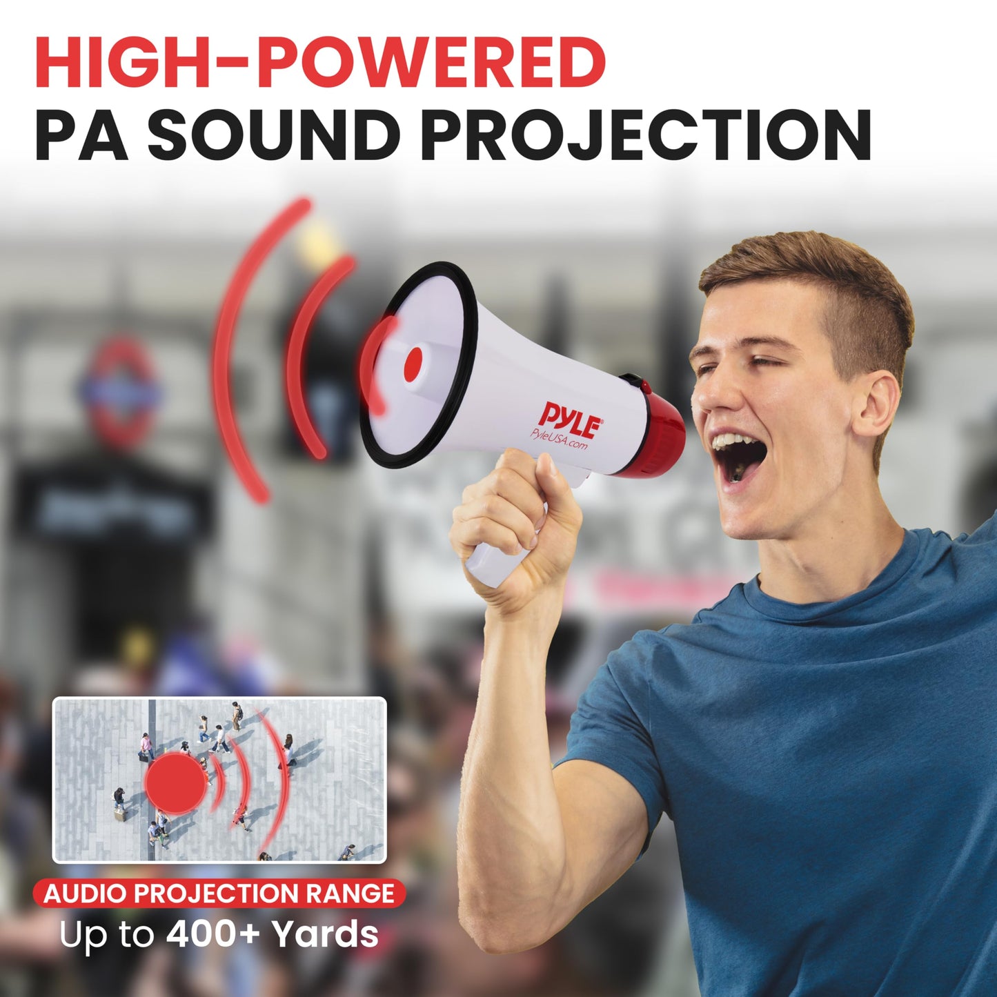 Pyle 20W Megaphone Bullhorn - 5.4'' x 8.6'' Portable Megaphone, Projection Range Up to 800 Sq. Yards, Voice Talking & Siren Alert, Shoulder Strap, Battery Operated, (White)