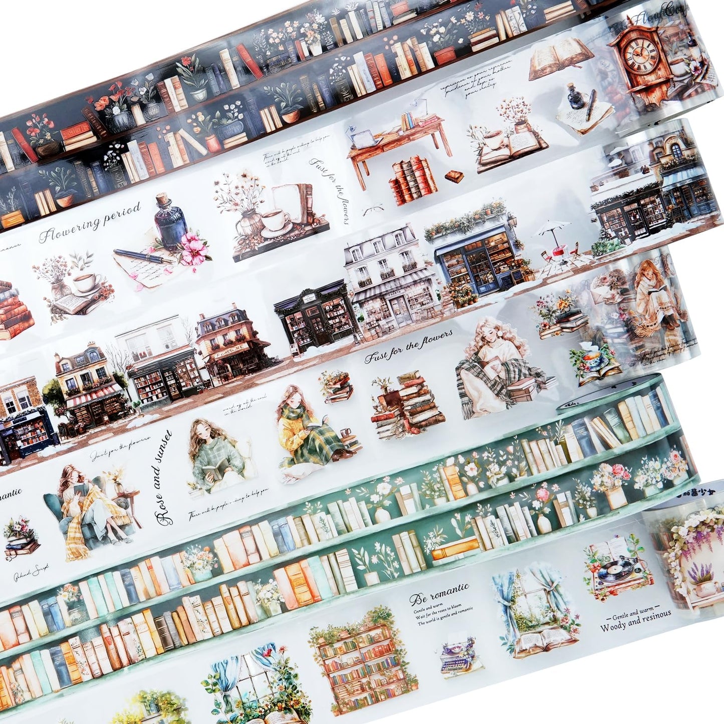 Reading Time PET Tape Set, 6 Rolls Mixed Pre-Cut and Continuous Tape with Clip, Waterproof Scrapbook Supplies for Journaling, DIY Crafts, and Planners