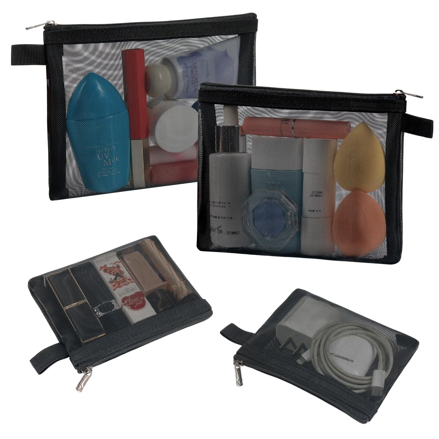 besharppin 4 Pack Mini Cosmetic Bags, Small Mesh Makeup Bag with Zipper for Home Office Purse Multipurpose Nylon Bag (Black)