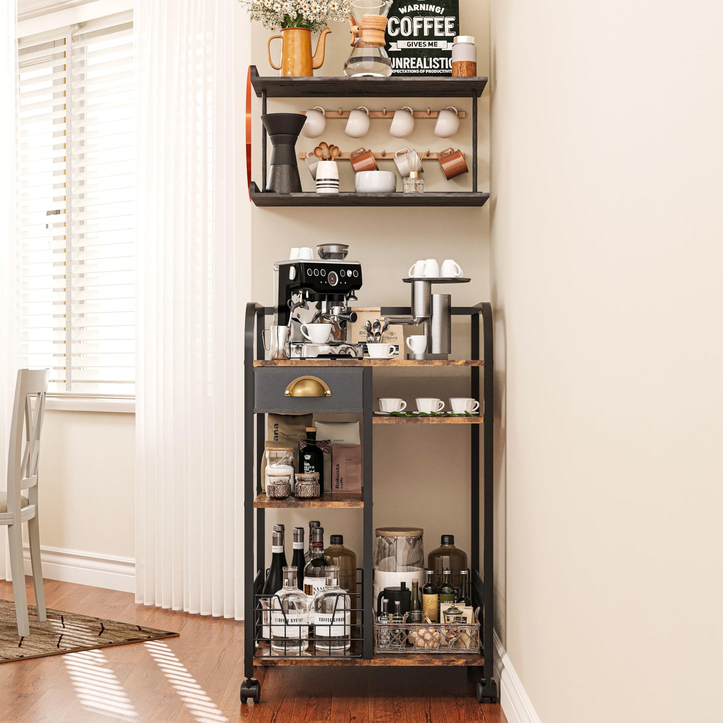 keomaisyto Coffee Cart with Storage Drawer, Coffee Bar Cabinet with Wheels, 4-Tier Adjustable Mobile Coffee Table, Rustic Wood Coffee Bar Station for Kitchen/Entrance/Living Room/Dining Room