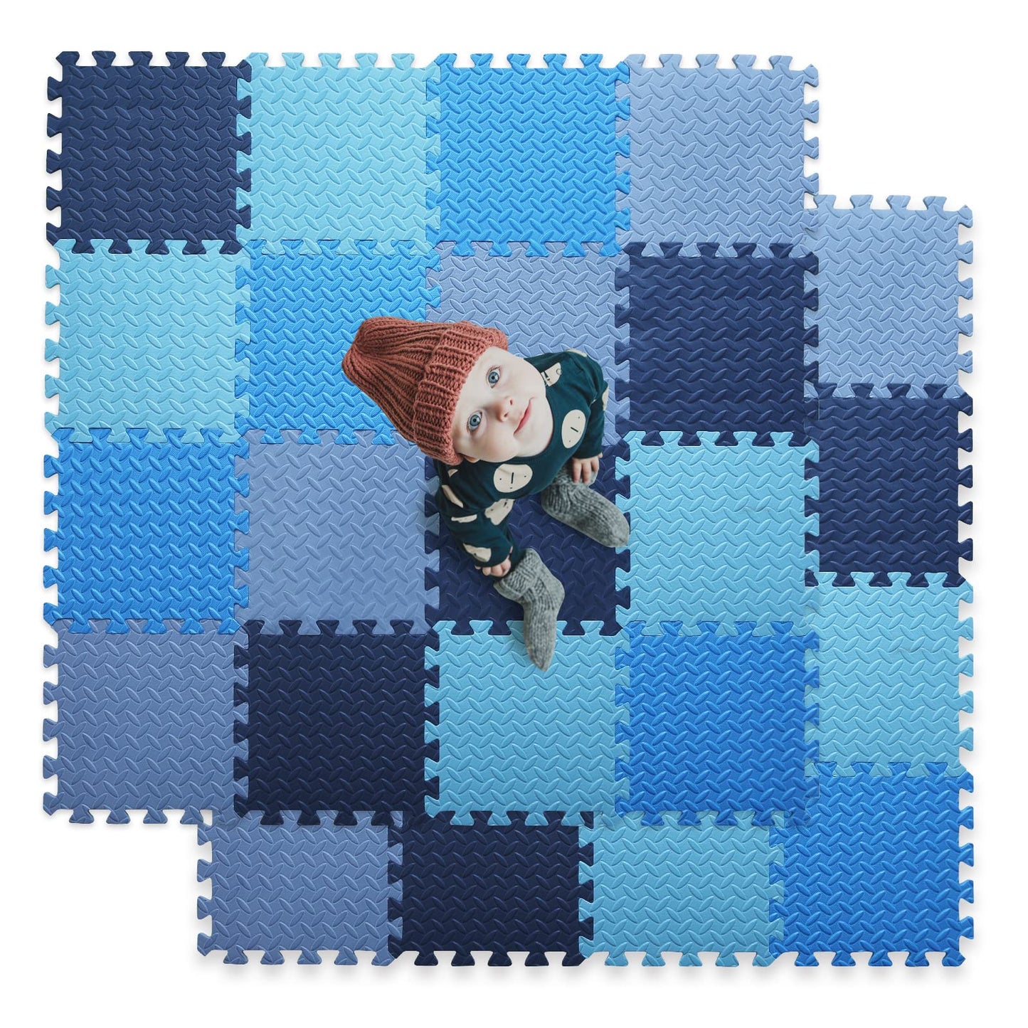Tamiplay 16 Tiles Foam Play Mat for Baby, Soft & Safe EVA Foam Mats for Floor, Square Baby Play Mat, Kids Foam Puzzle Floor Mat, 47x47 Play Mat for Playpen(Dark Blue/Gray Blue/Light Blue/Blue)