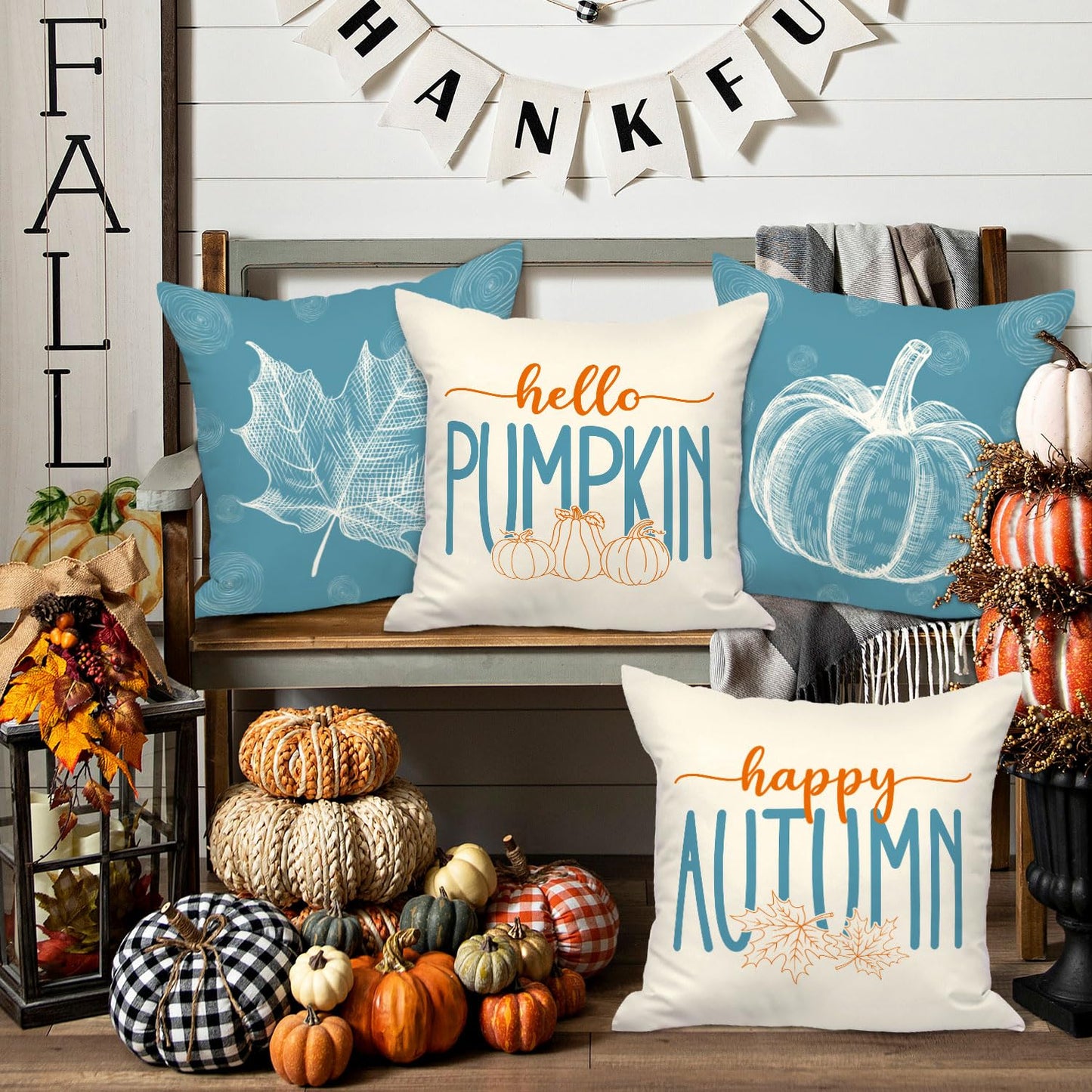 Ywlake Teal 18x18 Throw Fall Pillow Covers Set of 4, Maple Leaf Pumpkin Decorative Holiday 18 x 18 Autumn Cushion Covers Thanksgiving Pillow Case for Indoor Home Bedroom Couch Sofa Decor