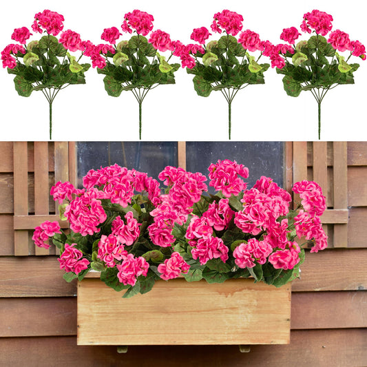 Uqueeten 4PCS Home Decor Fake Plants Artificial Flowers Artificial Geraniums Outdoor Fake Flowers Artificial Flowers Fake Silk Bouquet, Fall Decor for Interior Porch Garden Decoration 14.4"(Rose Red)