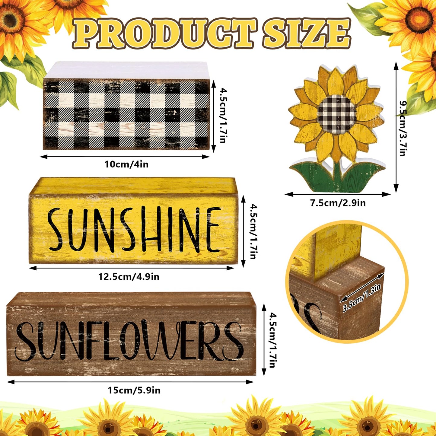 Britimes 4 Pcs Summer Sunflower Decor Wooden Tiered Tray Sign, Farmhouse Rustic Decorative Book Stack Block Sunshine Table Centerpieces for Home Shelf Table Decorations (Sunflower)