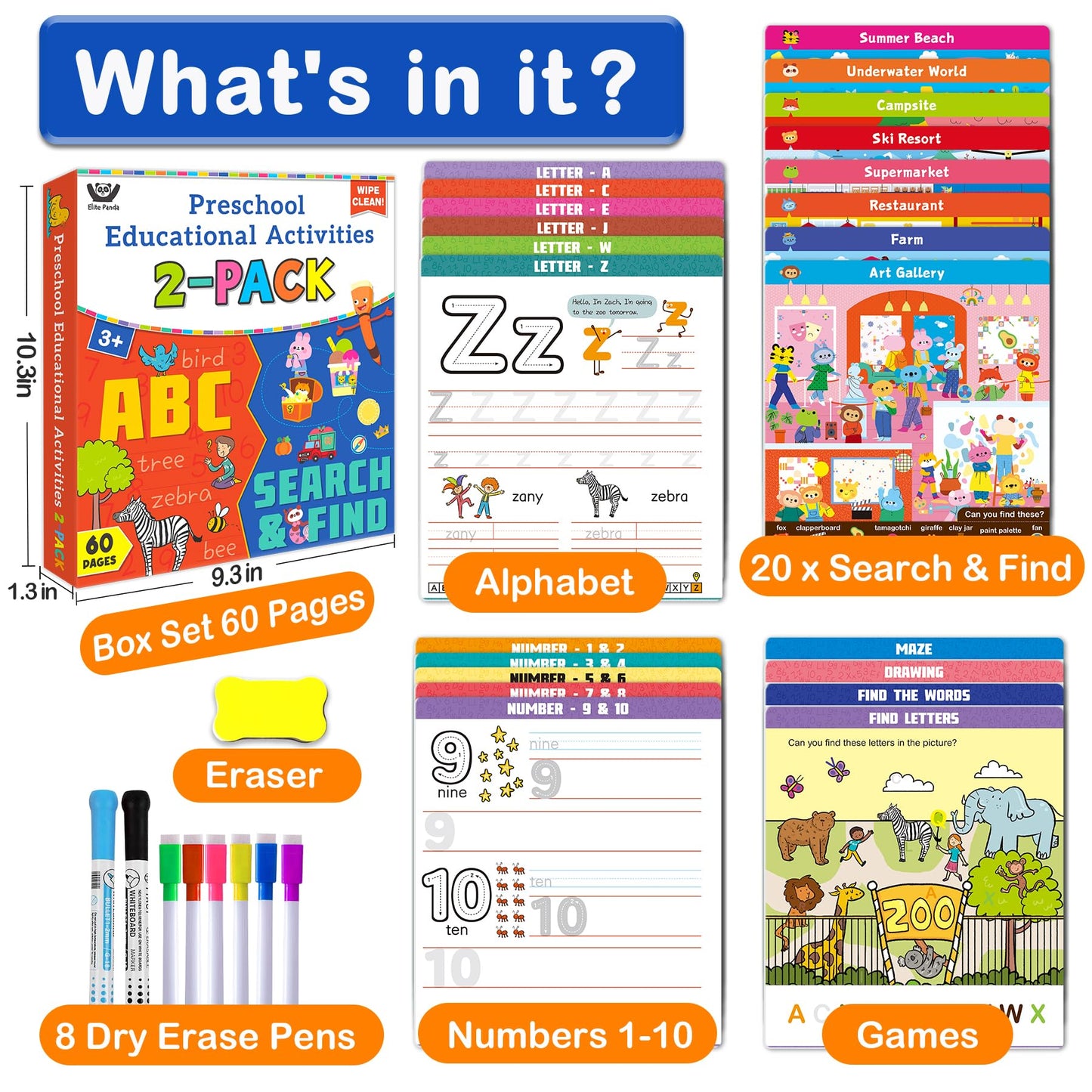 Elite Panda Preschool Learning Activities 60 Reusable Pages - Kindergarten Workbook with Search and Find Games, Letter & Number Tracing Book, Montessori Educational Toys for Kids Ages 3, 4, 5, 6 Gifts