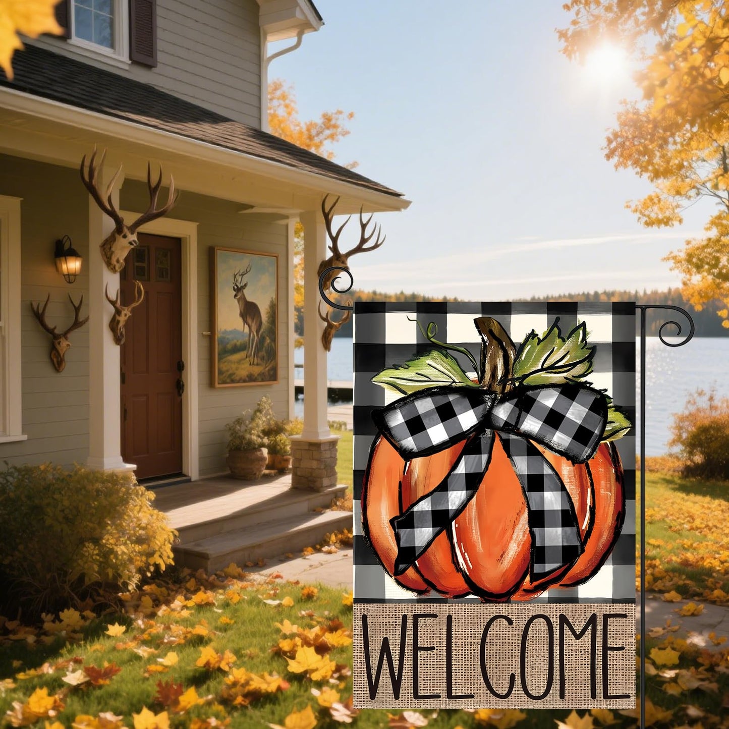 CJYGEGE Fall Pumpkin Welcome Fall Garden Flag for Outside 12x18 Inch, Double Sided Buffalo Plaid Autumn Garden Flags - Thanksgiving Harvest Decoration Burlap Yard Flag for Outdoor Holiday Festivities