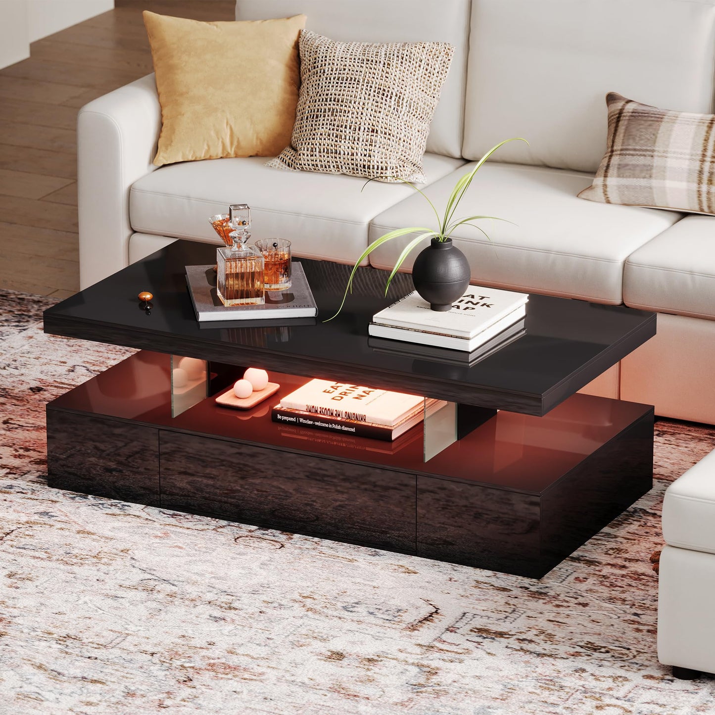 ChooChoo Modern LED Coffee Table, High Glossy Coffee Table with Drawer, Black Coffee Table with Storage for Living Room, Bedroom, CT2305-BK