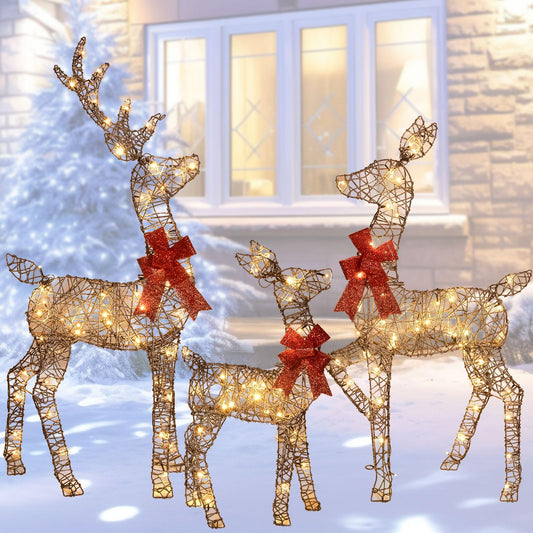 HOYECHI 4ft Christmas Decorations Outdoor Lighted Reindeer – 3-Piece 2D Deer Family Set with 145 Warm White LED Lights for Yard, Lawn, Garden & Porch Holiday Display - Rattan