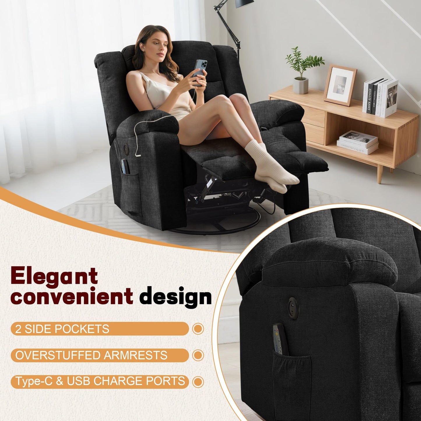 Korser Rocker Recliner, Glider Recliner Chairs for Adults, 360° Swivel Rocking Chair with Massage and Heating, Nursery Chair with Storage and USB Charging for Living Room, Bedroom, Nursery