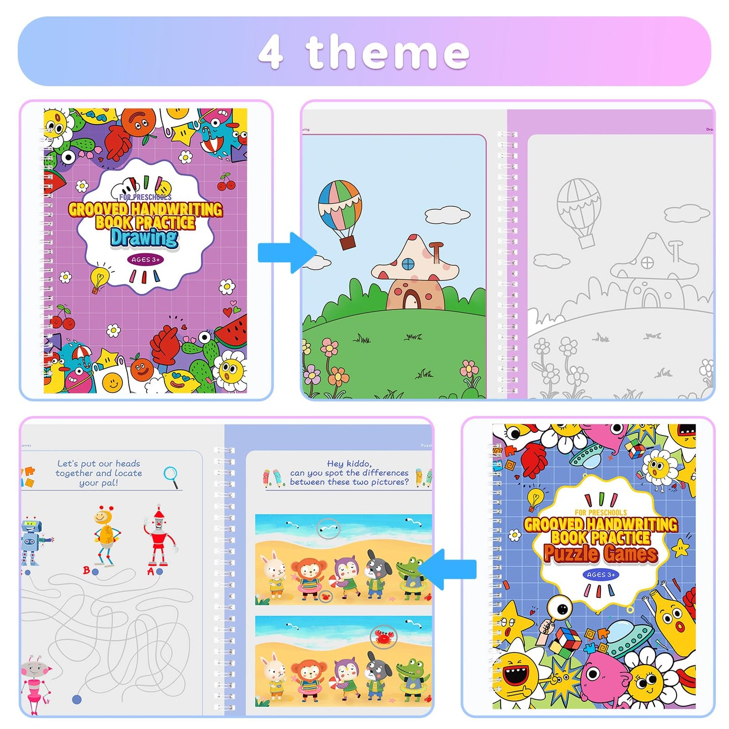 Magic Practice Copybook, Reusable Writing Practice Book, for Preschool Kids Age 3-8 Calligraphy (4 Books with Pens)