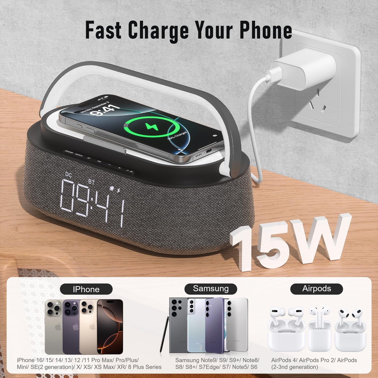 FREEFISH Bluetooth Speaker with Fast Wireless Charger,FM Radio,Touch LED Night Light,Phone Holder,Snooze, Portable Wireless Speaker for Bedrooms Office Home, Gifts (Black)