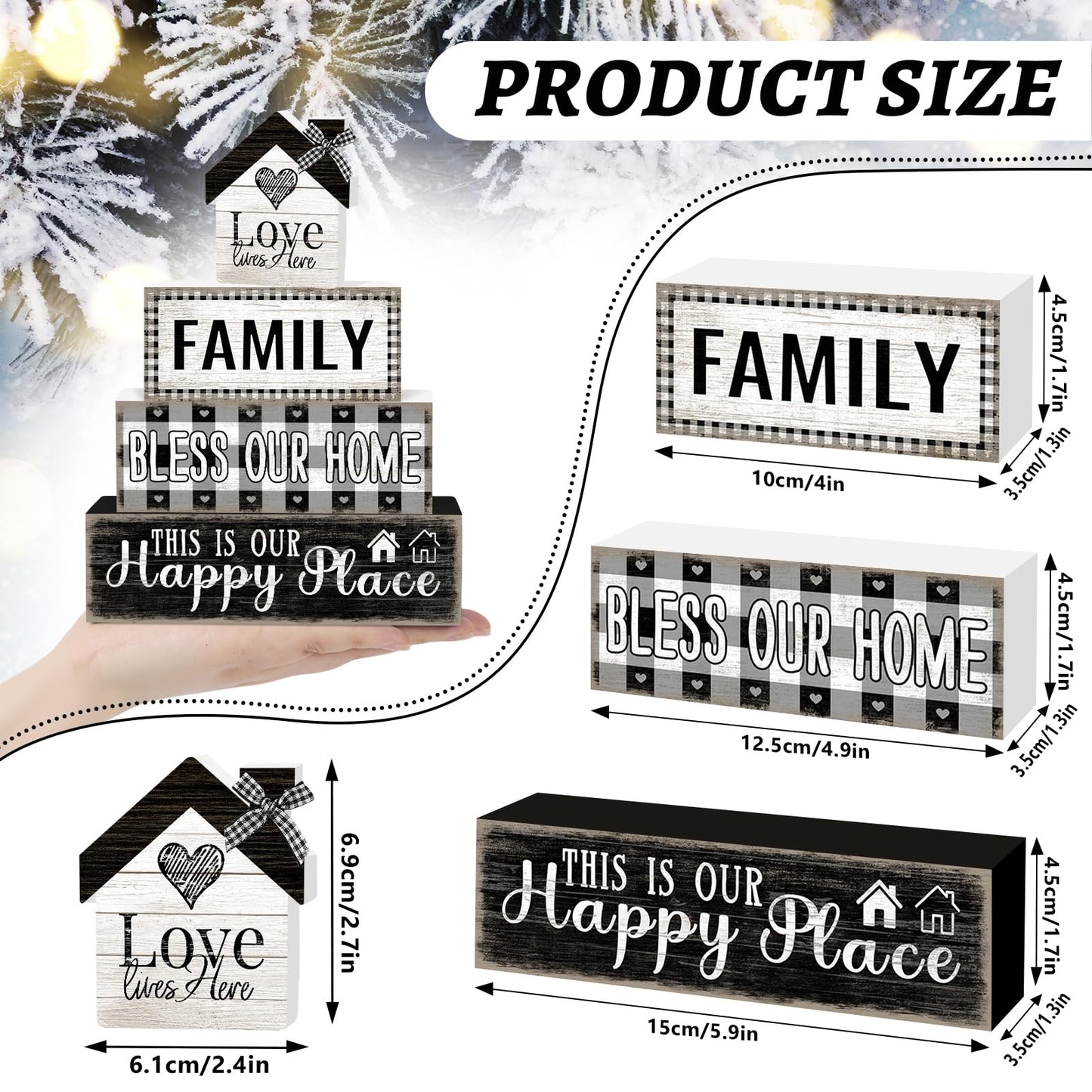 4 Pcs Farmhouse Family Wooden Tiered Tray Decor Set, Rustic Bless Our Home Wood Table Decor Buffalo Plaid Distressed Stack Block Signs Tabletop Centerpieces for Home Kitchen Shelf Mantle Decorations