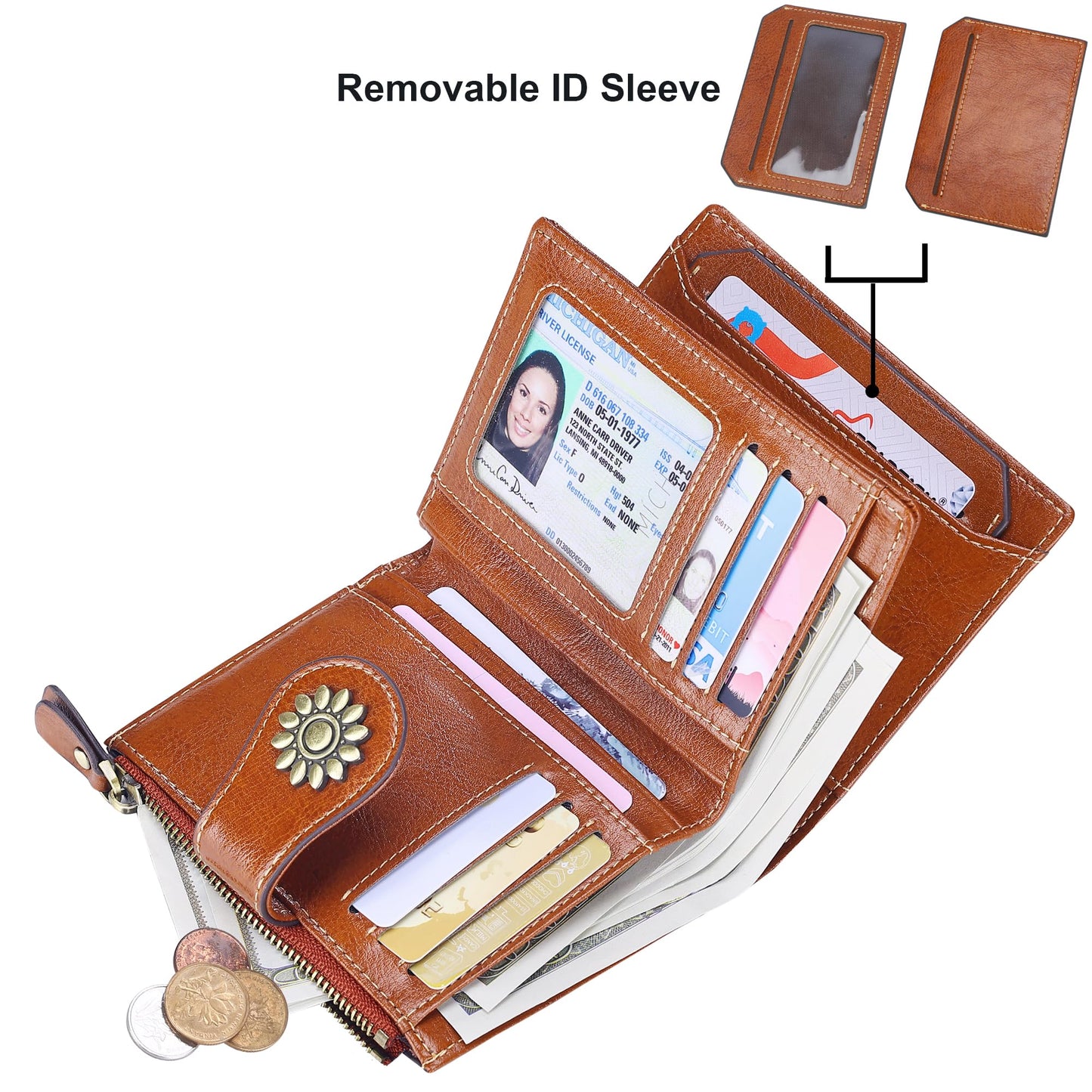 Lavemi Womens Leather Wallet Small Compact RFID Blocking Credit Card Case Purse with Zipper Pocket(Brown)