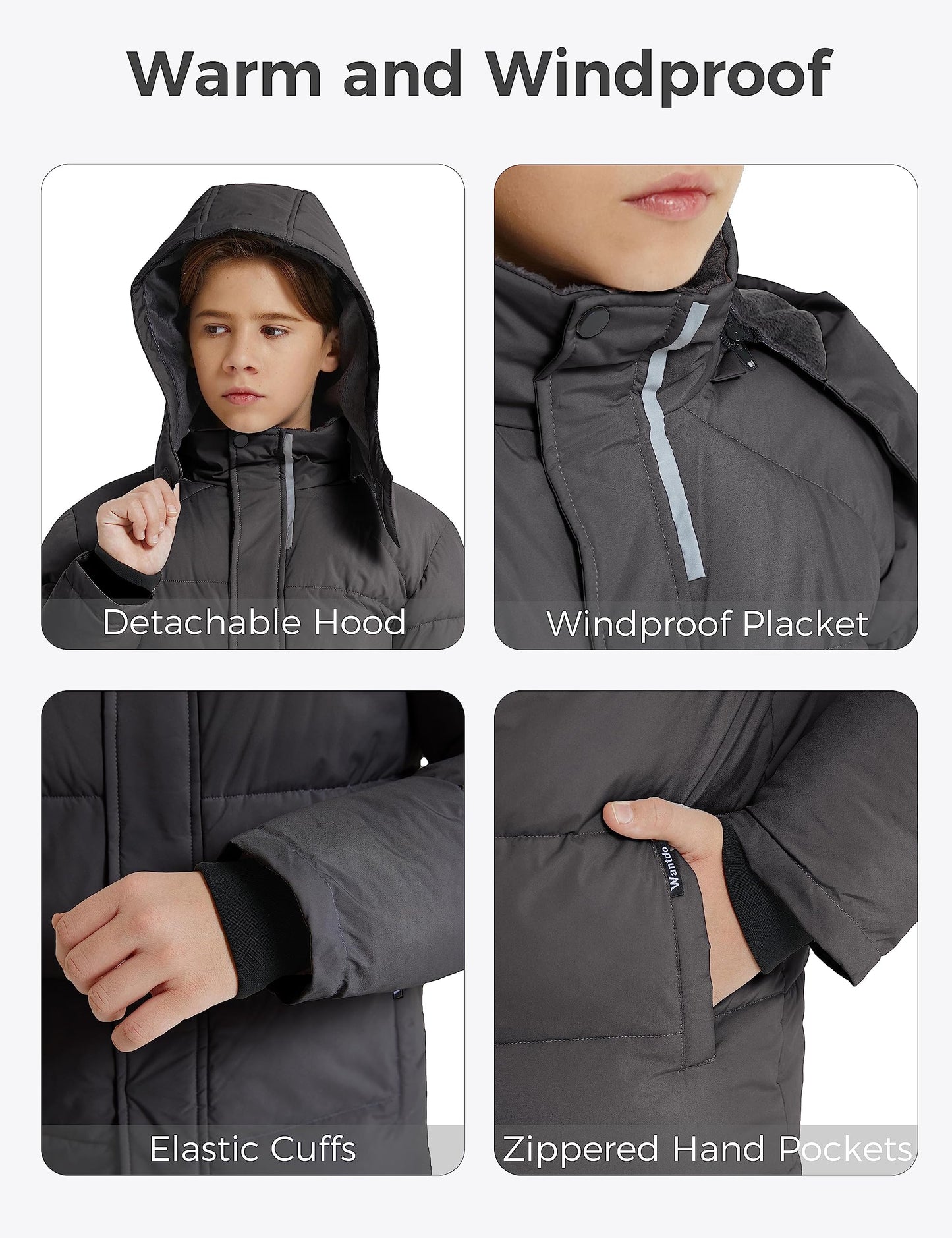 wantdo Boy's Waterproof Winter Jacket Hooded Puffer Coats Jackets Dark Gray Size 8