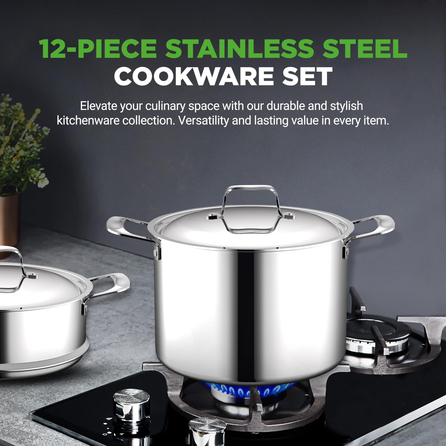 NutriChef 12-Piece Stainless Steel Kitchenware - Pots & Pans Set Clad Kitchen Cookware w/Steel Handles,Fry Pan Interior Coated w/Prestige Ceramic Non-Stick Coating,Stylish Kitchen Cookware, NCSSX45