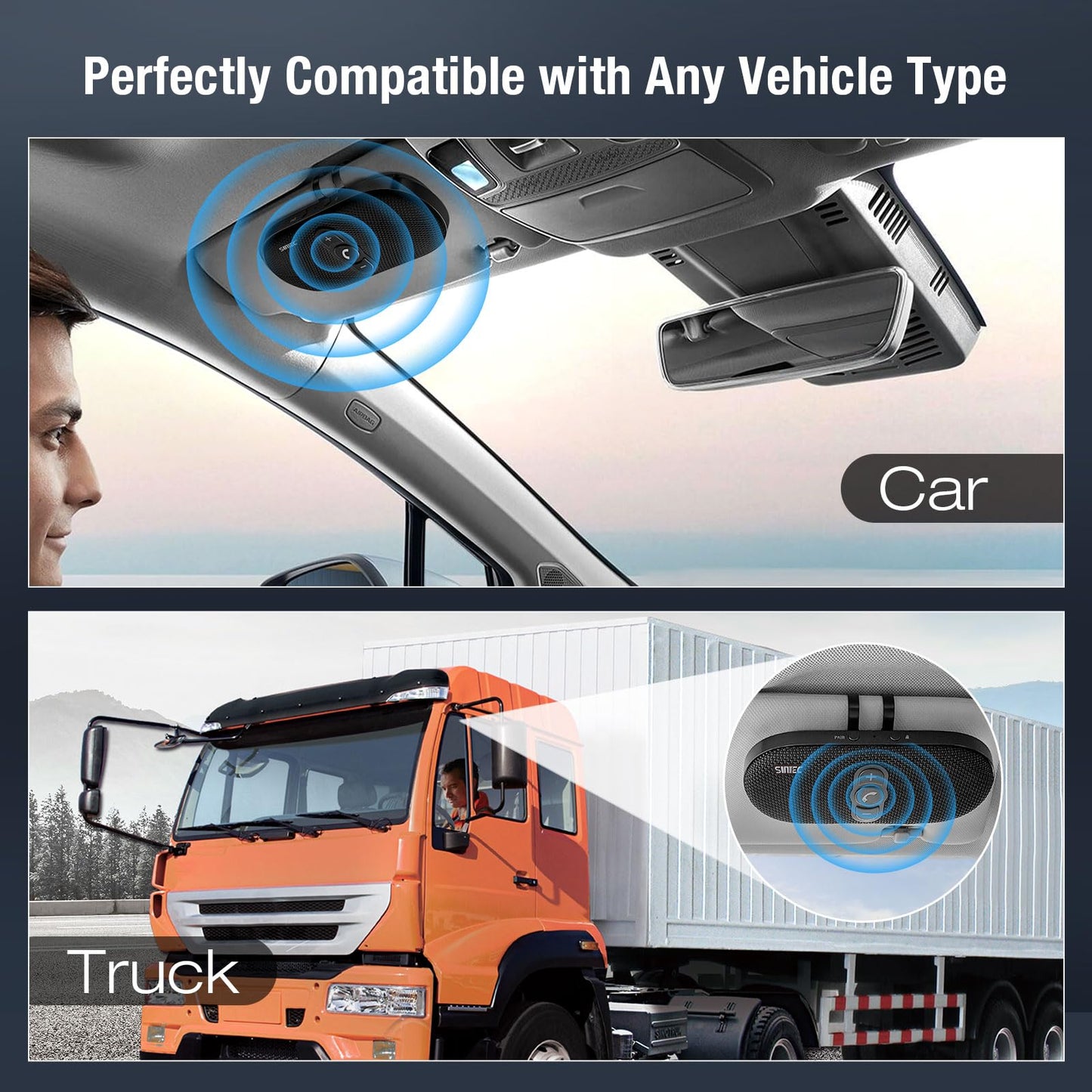 Sunitec Bluetooth Car Speaker Phone: Hands Free Calling Kits 6W in car Speakerphone for Safe Driving - Support Siri Google Assistant Voice Calls/Motion Auto ON Off - BC990P