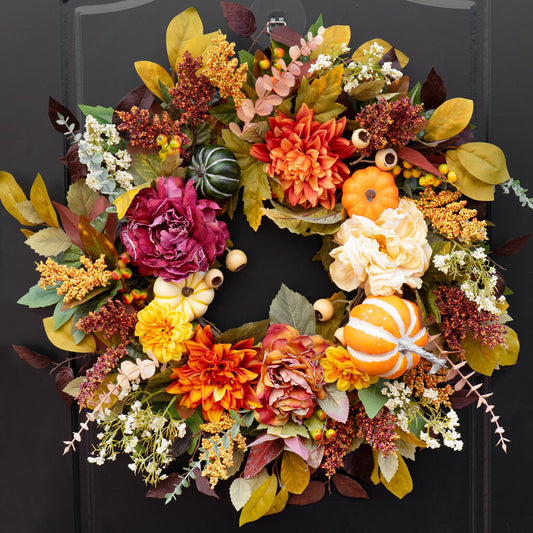 Fall Wreaths for Front Door 24 Inch Beautiful Fall Wreath with Pumpkins, Artificial Flowers & Leaves Harvest and Thanksgiving Pumpkin Fall Door Wreath for Indoor & Outdoor Autumn Decor