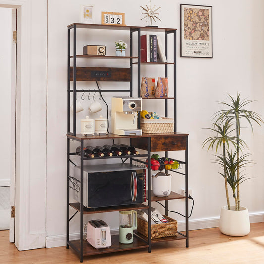 Large Bakers Rack with Power Outlets, 37.1 Kitchen Bakers Rack with Storage, 5-Tier Microwave Stand Kitchen Storage Rack with 9 S-Shaped Hooks and Wire Basket