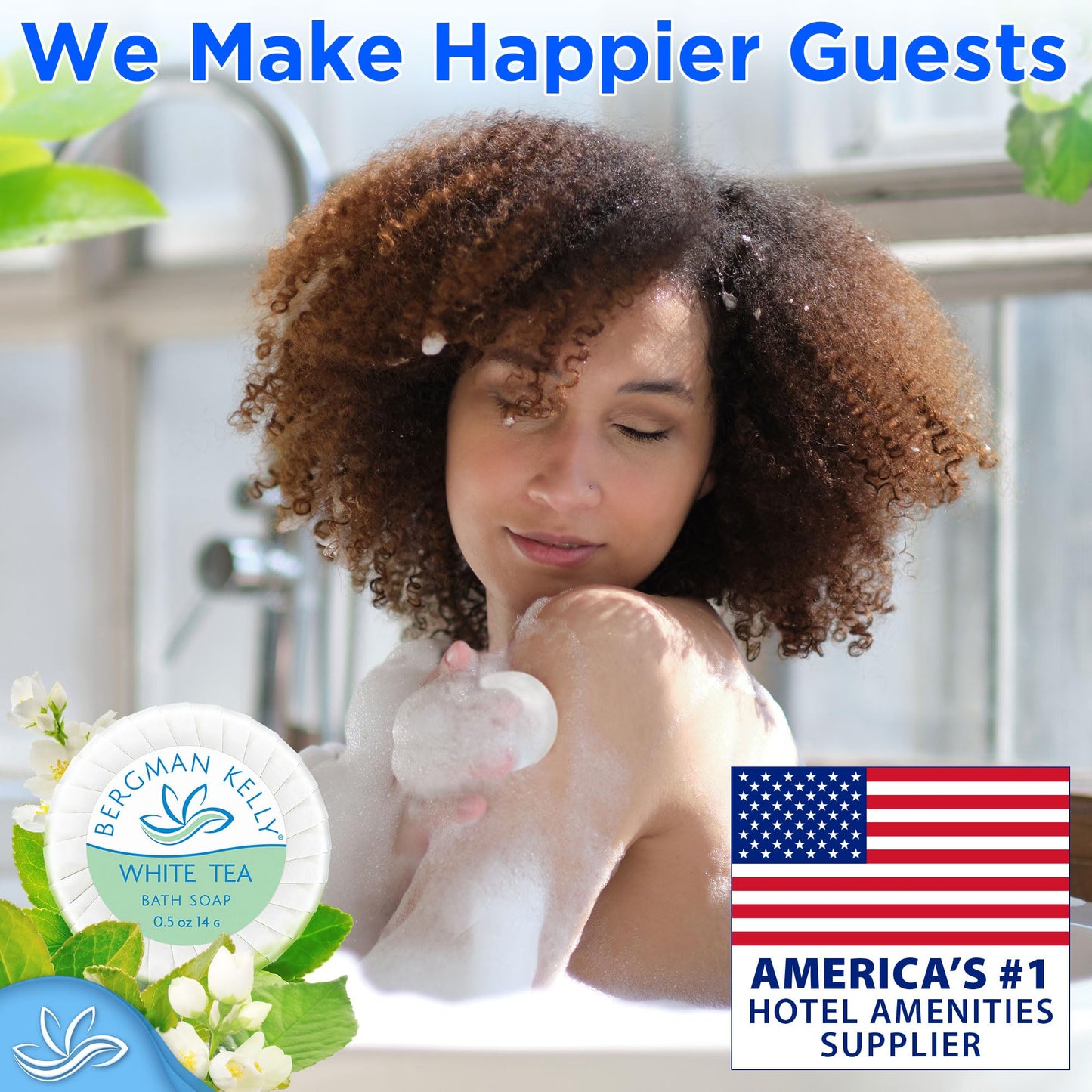 BERGMAN KELLY - Hotel Soap Bars - White Tea, 1 oz, 200 PK - Travel Size Luxury Bulk Amenities Bar Soap, Mini Individually Wrapped Round Soap - Small Toiletries for Airbnb, Motel, Guest Bathroom