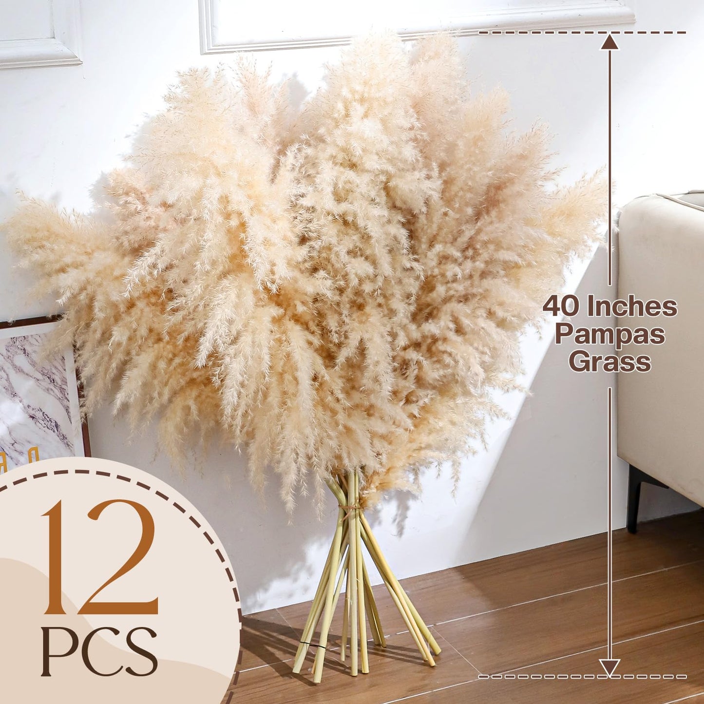 Pasuvsigt 12pcs 40'' Dried Pampas Grass Decor - Tall-Large Pampas Grass - Natural Beige - Boho Home Decor