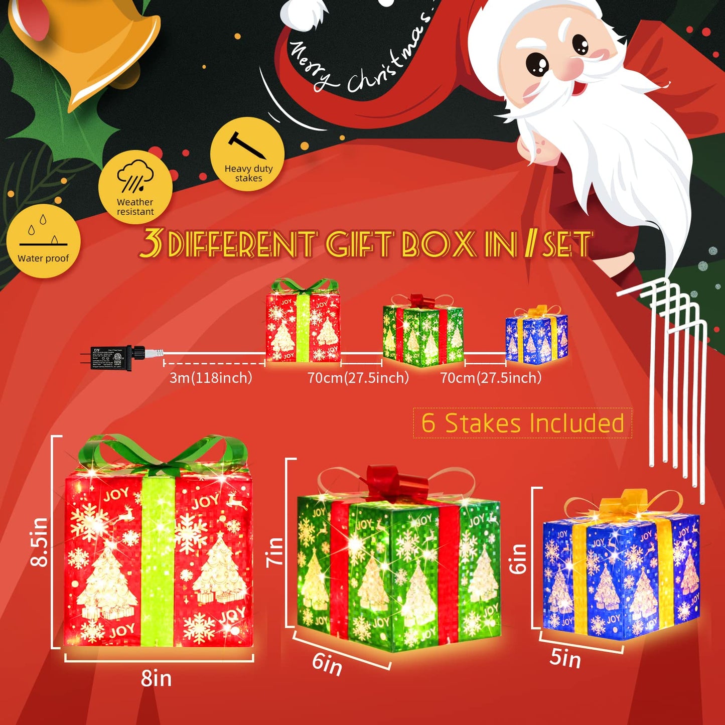 JUSTPRO [Large 8.5x7x6 Inches] 3 Piece Lighted Gift Boxes Christmas Decorations with 70 Super-Bright LED Warm White Lights with Flashers,for Indoor and Outdoor Holiday Party Christmas