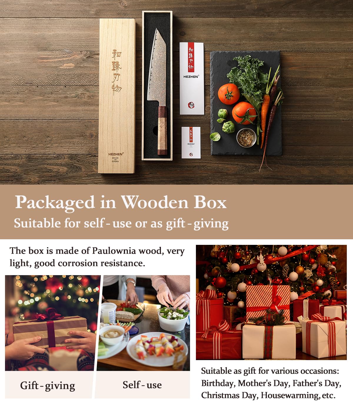 HEZHEN Kiritsuke Chef Knife,8.3 Inch, 37 Layers Tricolor Copper Damascus Steel-Japanese Damascus Knif- Professional Knife for Chefs&Home Cooking-Razor Sharp,Sycamore Wood Handle