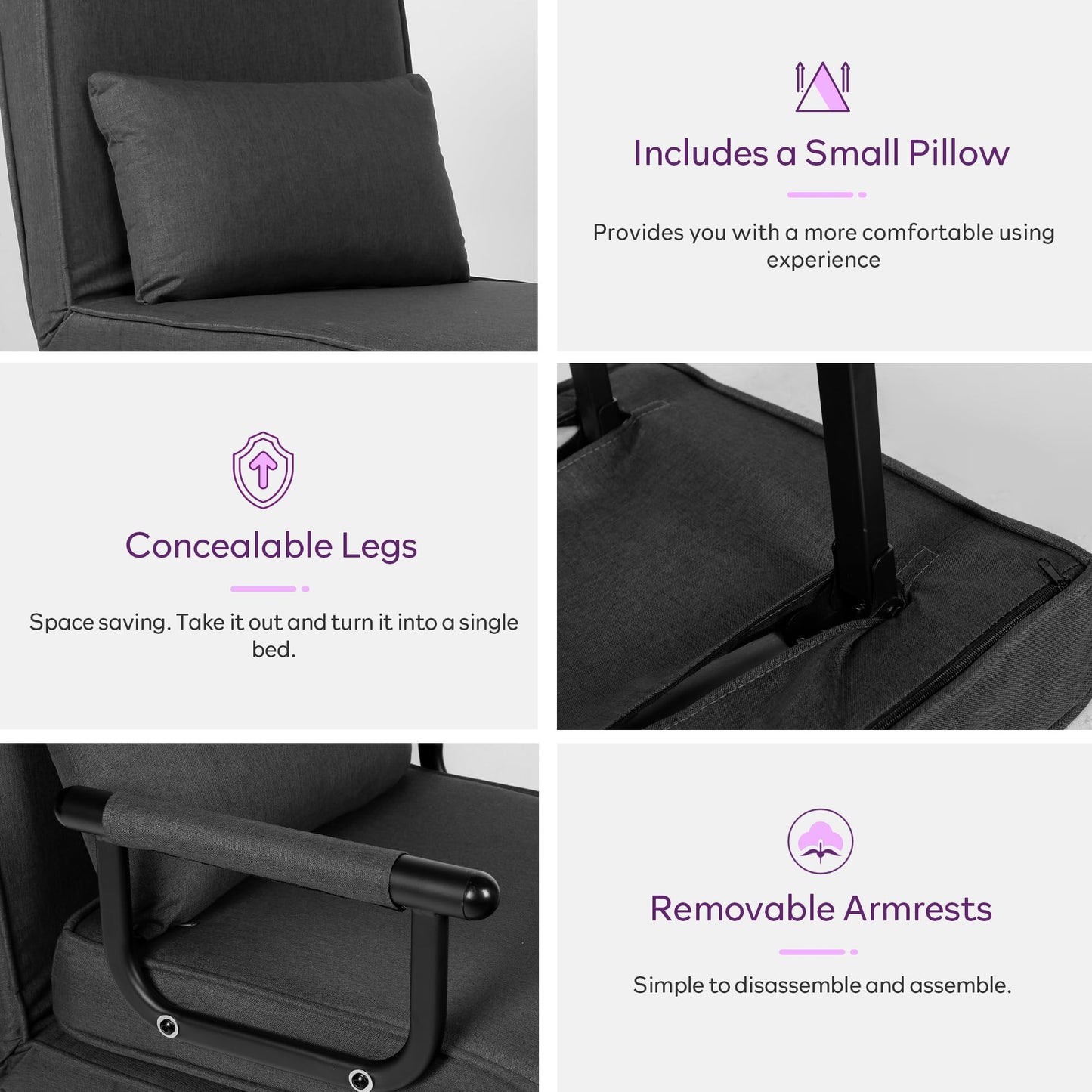 TYBOATLE Sleep Chair Bed, Comfy Convertible Sleeper Chairs for Adults, 5 in 1 Folding Sofa Bed with 5-Position Adjustable Backrest & Pillow, Cozy Small Chair Couch for Small Spaces, Office (Dark Grey)