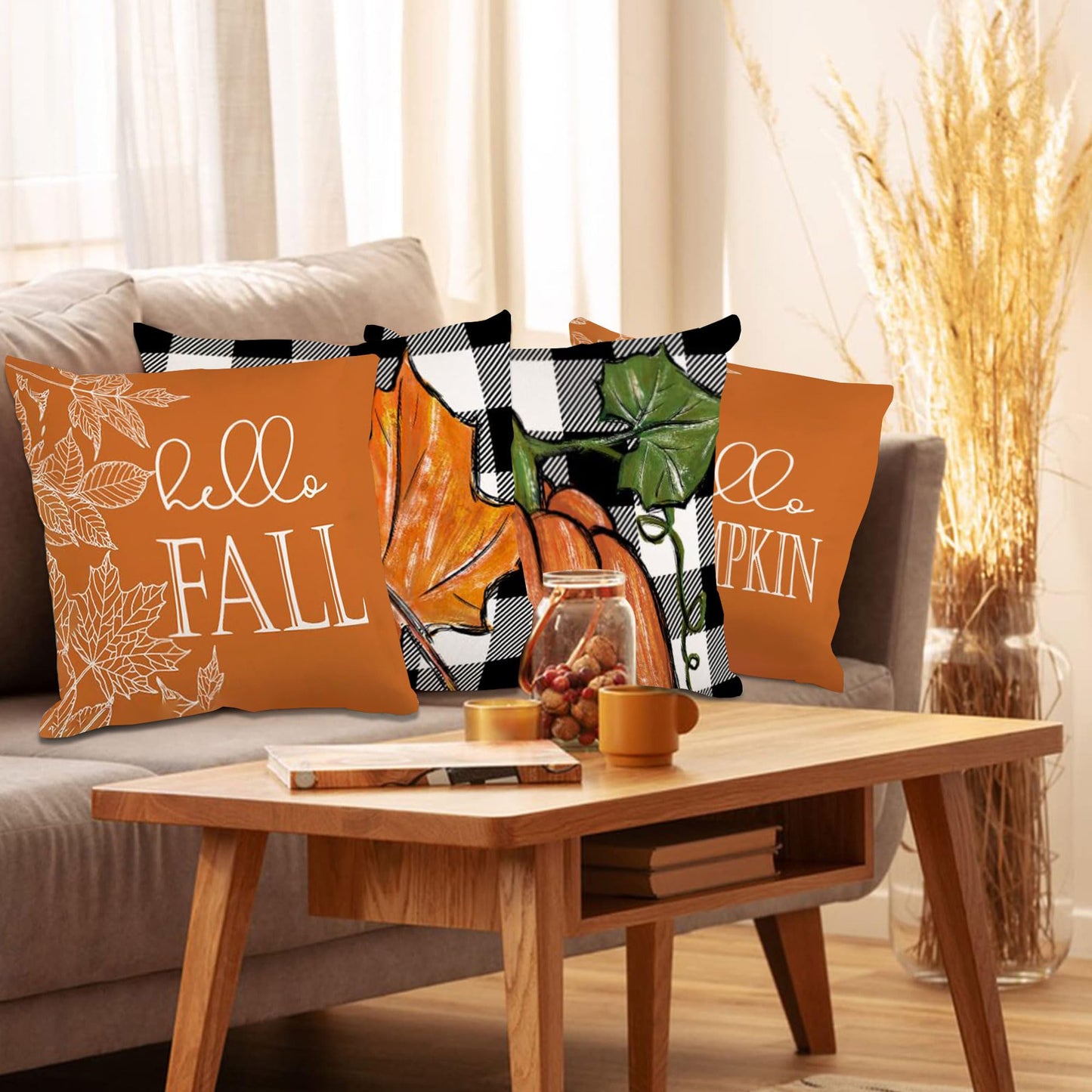 VORA Fall Pillow Covers 18x18 Thanksgiving Pillow Covers Set of 4, Orange Decorative Throw Pillow Covers with Pumpkin Outdoor Fall Farmhouse Decorative, Thanksgiving Themed for Couch