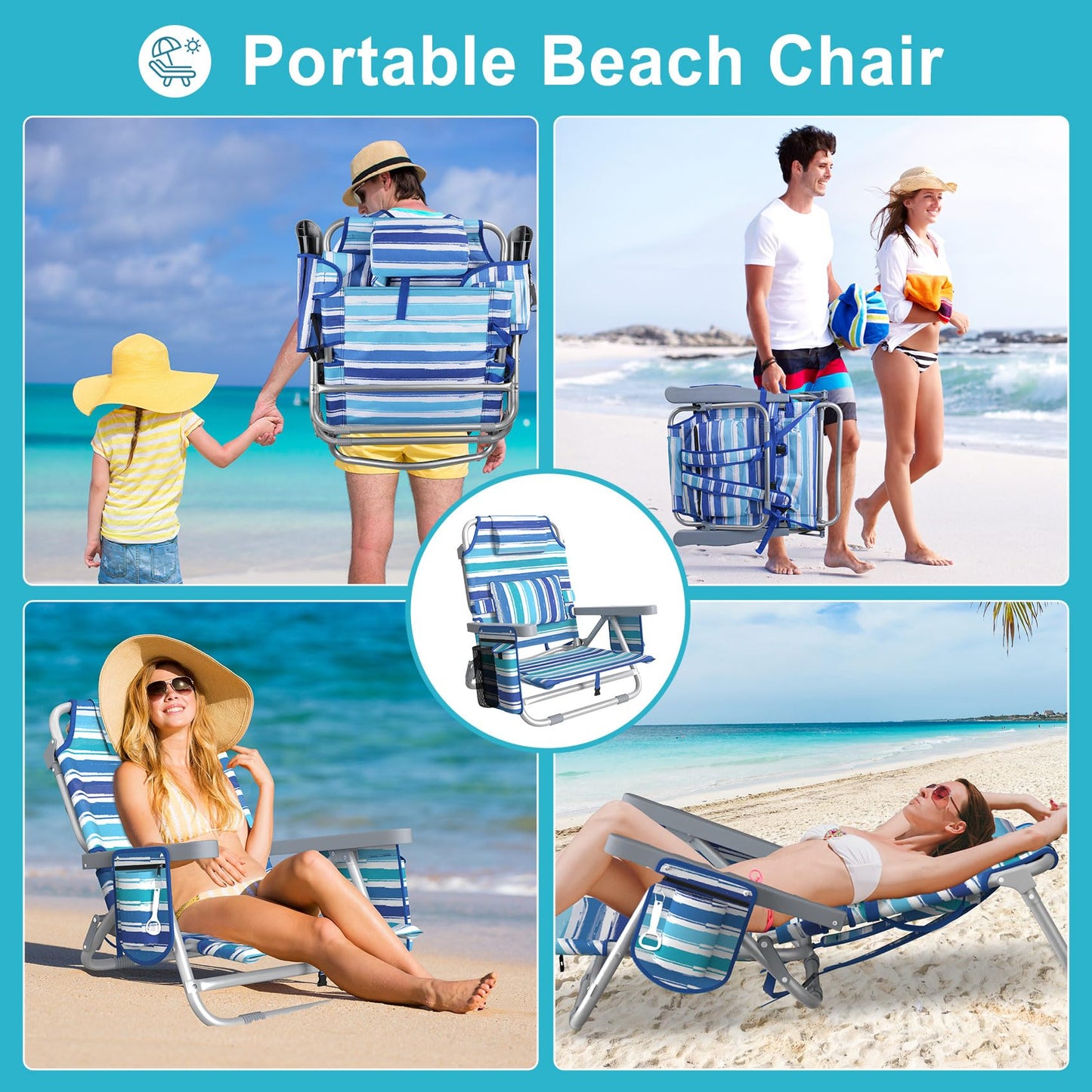 Suteck Beach Chair, Adjustable 5-Position Backpack Beach Chairs for Adults Kids, Foldable Lay Flat Chair with Cooler Bag, Cup Holder and Lumbar Pillow, Reclining Lay Down Chairs for Lawn Outdoor