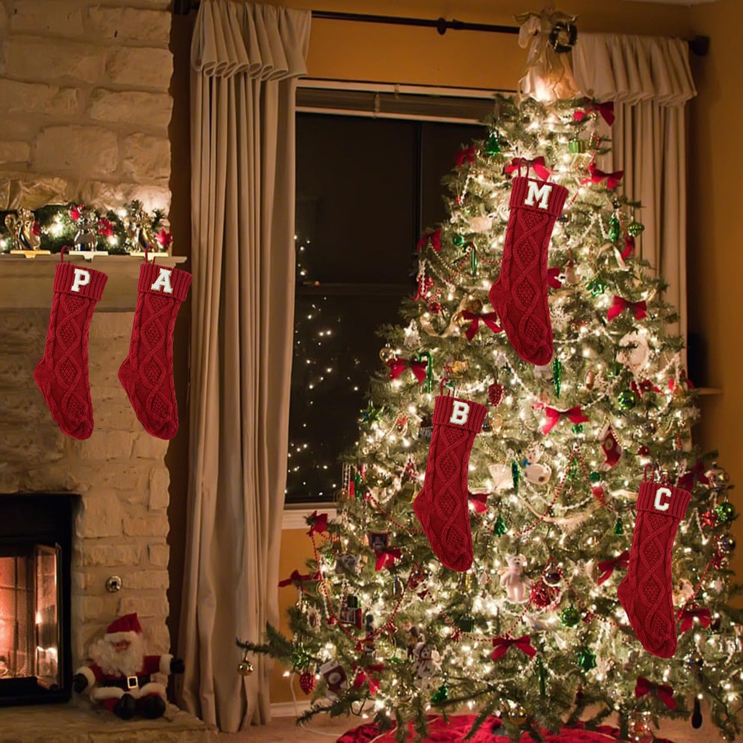 TETOU Monogram Christmas Stockings with Initials Letter 18" Stockings for Christmas Party Decoration (Red K)