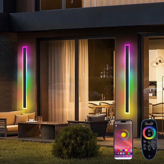LannlKer Outdoor RGB Long Wall Lights, 31.5inch 2 Pack RGB/Warm/White Dimmable Modern Led Wall Lighting, Ip65 Waterproof Long Wall Sconce with Remote and APP Control for Outdoor/Indoor Party Gathering