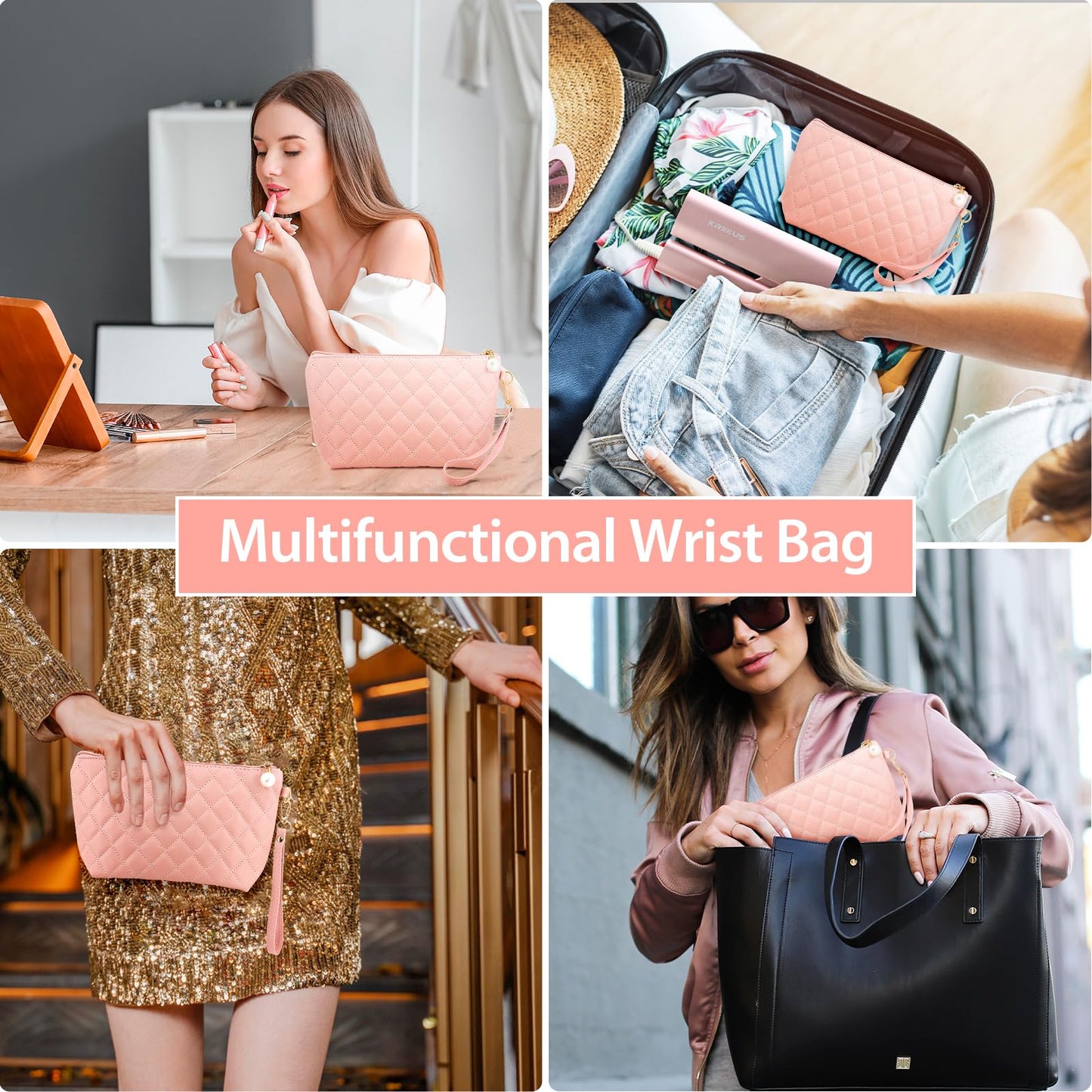 Younpy Wallet with Strap Wristlet Purses for Women Quilted Envelope Clutch Wristlet Wallet Pink Clutch Purses Ladies Handbag with Strap Evening Bag Pink