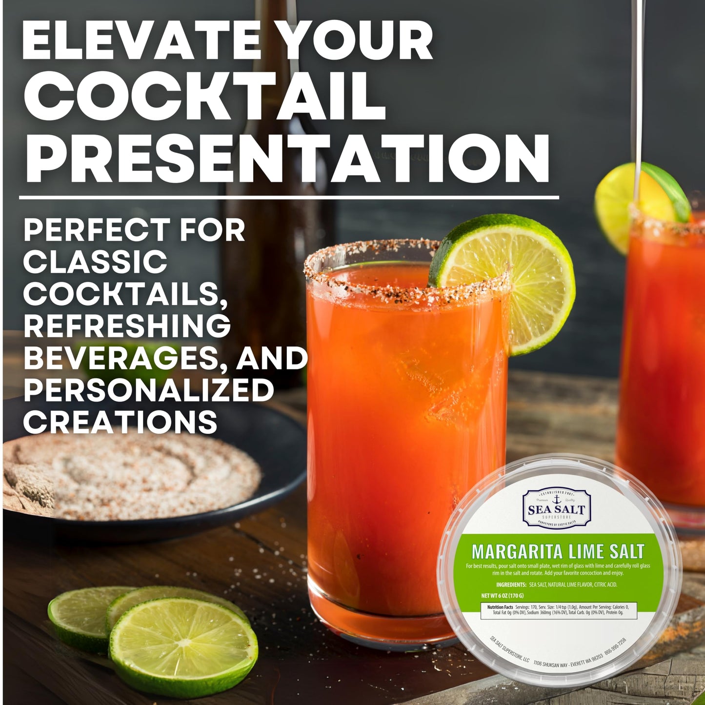 Margarita Lime Salt Garnishing, Natural Margarita Salt Flavored Ruddy Mary Garnishing for Cocktails, Garnishings for Drinks & Glassware, 6 oz Tub