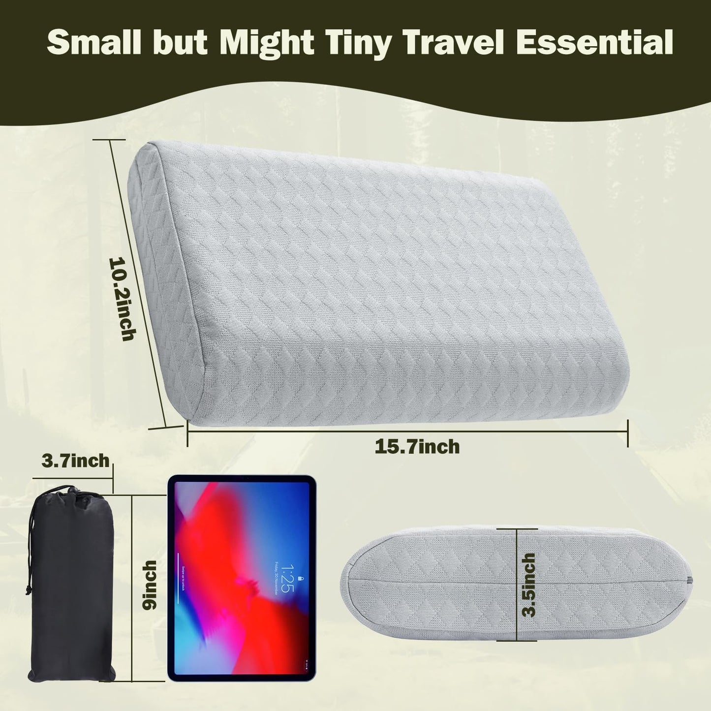 Vekkia Travel Pillow with Memory Foam, Portable and Compressible Camping Pillow with Washable Cover, Ergonomic Supportive for Sleeping, Ideal for Adults & Kids Travel, Hiking, Airplane, Car (Gray S)