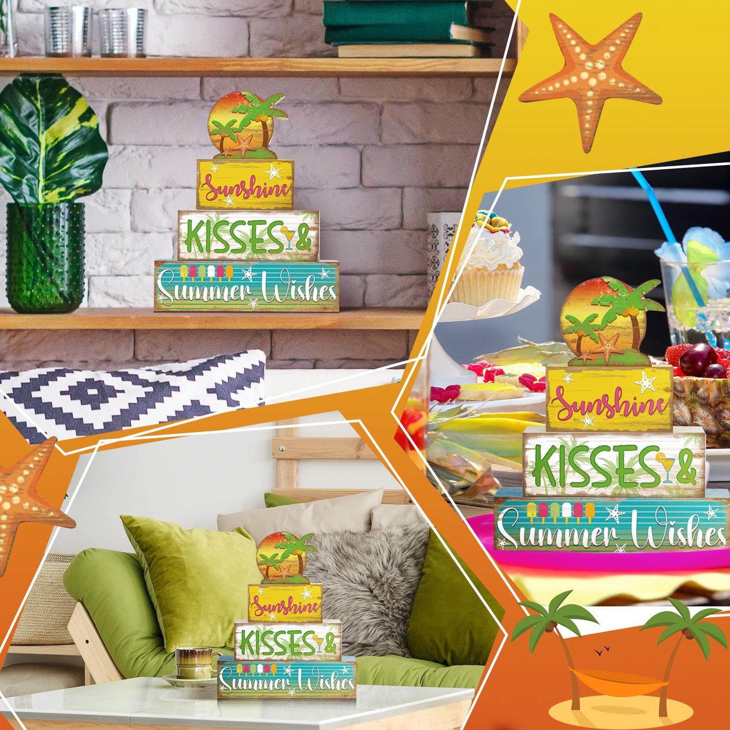 Burbell 4 Pcs Summer Wooden Tiered Tray Decor Farmhouse Rustic Table Decor Books Stack Block Signs for Table & Home Office Decorations(Hawaii Style)