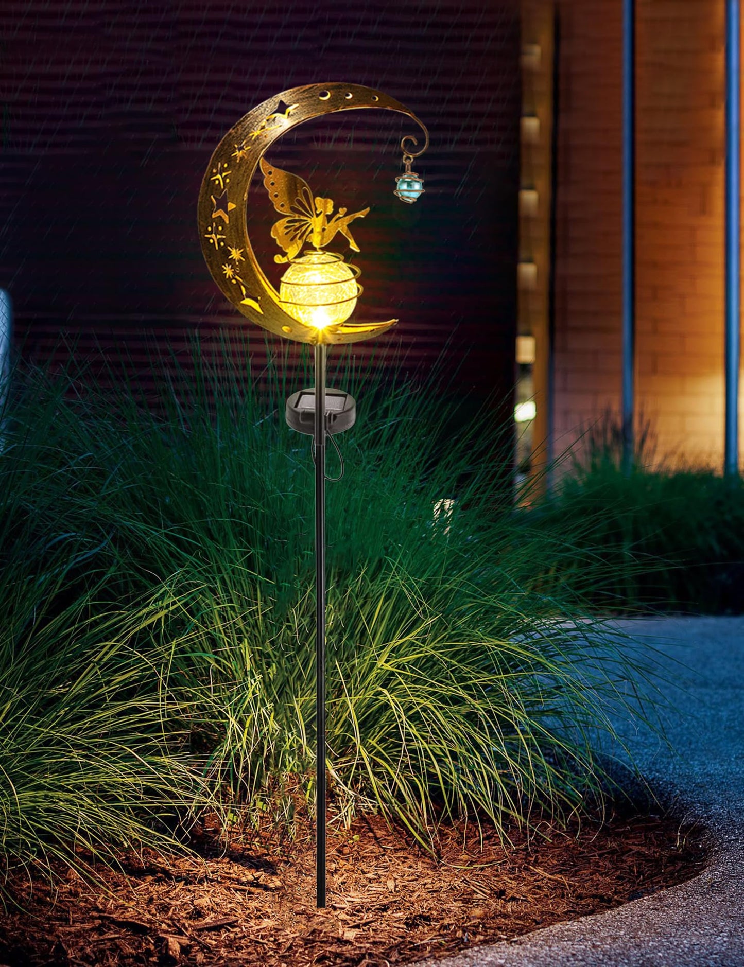 FKKsparkler Solar Powered Garden Decor Lights Moon Fairy Crackle Glass Globe with Gold Angel Decor Waterproof Stake Lights for Pathway, Yard, Lawn, Patio Outdoor Decor Garden Gifts Decoration
