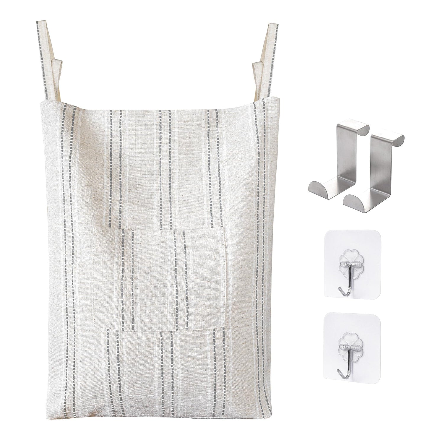 AELS Farmhouse Hanging Laundry Hamper with 2 Hooks, Boho Beige & Gray Stripes Laundry Bag with Zipper & Wide Open Top, Over the Door Organizer for Dirty Clothes, Washable Space Saving Storage