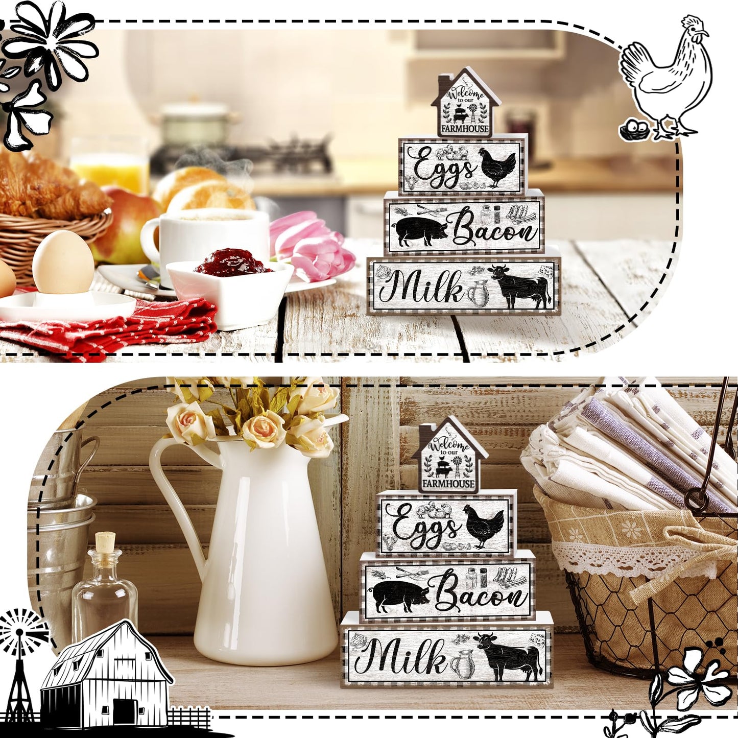 TOMPOP 4 Pcs Farmhouse Decor Wooden Tiered Tray Signs, Rustic Rooster Pig Cow Decorative Faux Book Stack Block Farm Animal Distressed Tabletop Centerpieces for Home Kitchen Shelf Table Decorations