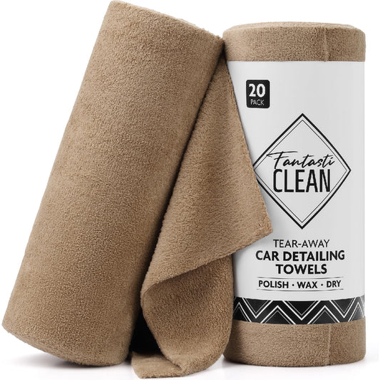 Fantasticlean Microfiber Towels for Cars, Tear Away Car Detailing Cloth Roll, RV Boat Drying Polishing, Edgeless Plush, Coral Fleece, Ultra Absorbent, Scratch-Free, 14" x 14", 20 Pack (Tan)