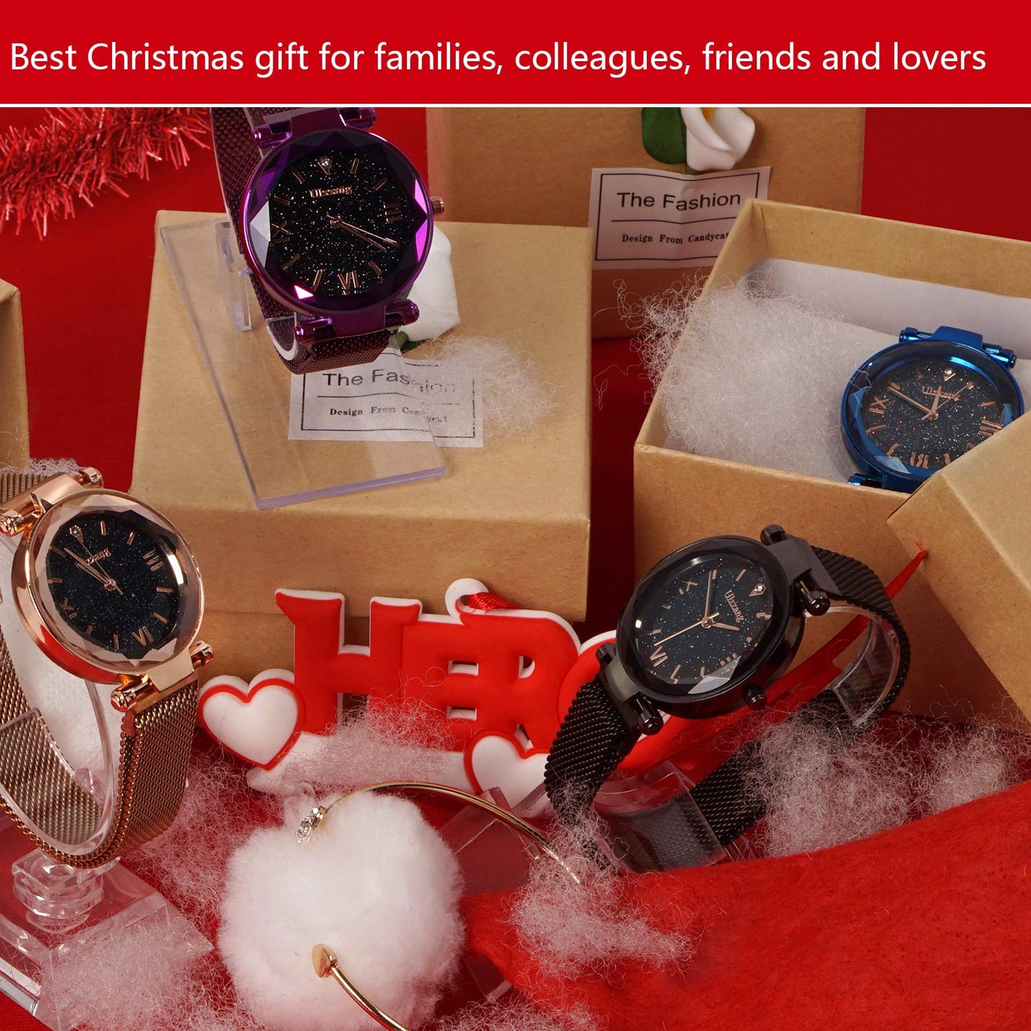 FUNGORGT Fashion Black Ladies Watch Magnetic Mesh Band Starry Sky Dial Analogue Quartz Wrist Watch for-Valentine's Day Gifts