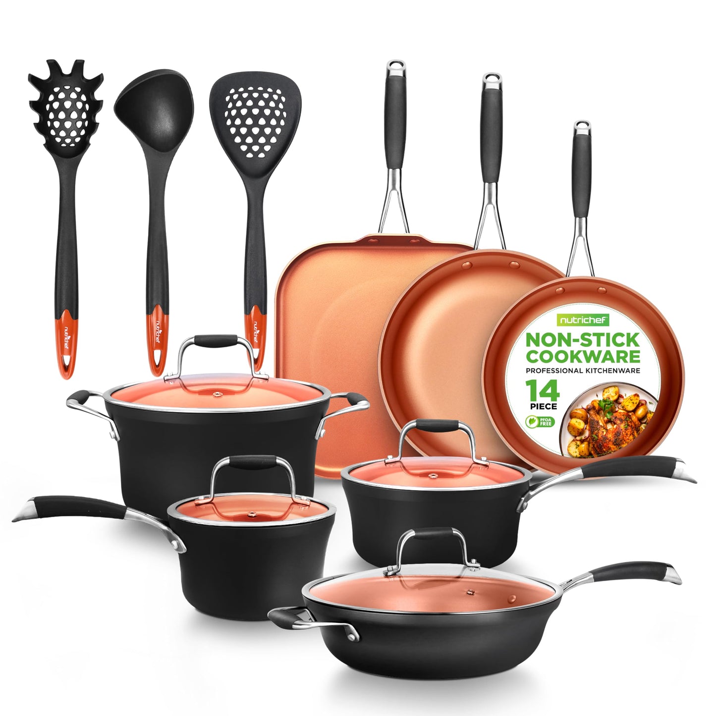 NutriChef 14-Piece Non-Stick Pots & Pans Set - Multi-Sized Cooking Pots with Lids, Small and Medium Frying Pans with Slotted Spatula, Pasta Server, Soup Ladle, Silicone Handles (Copper Color)