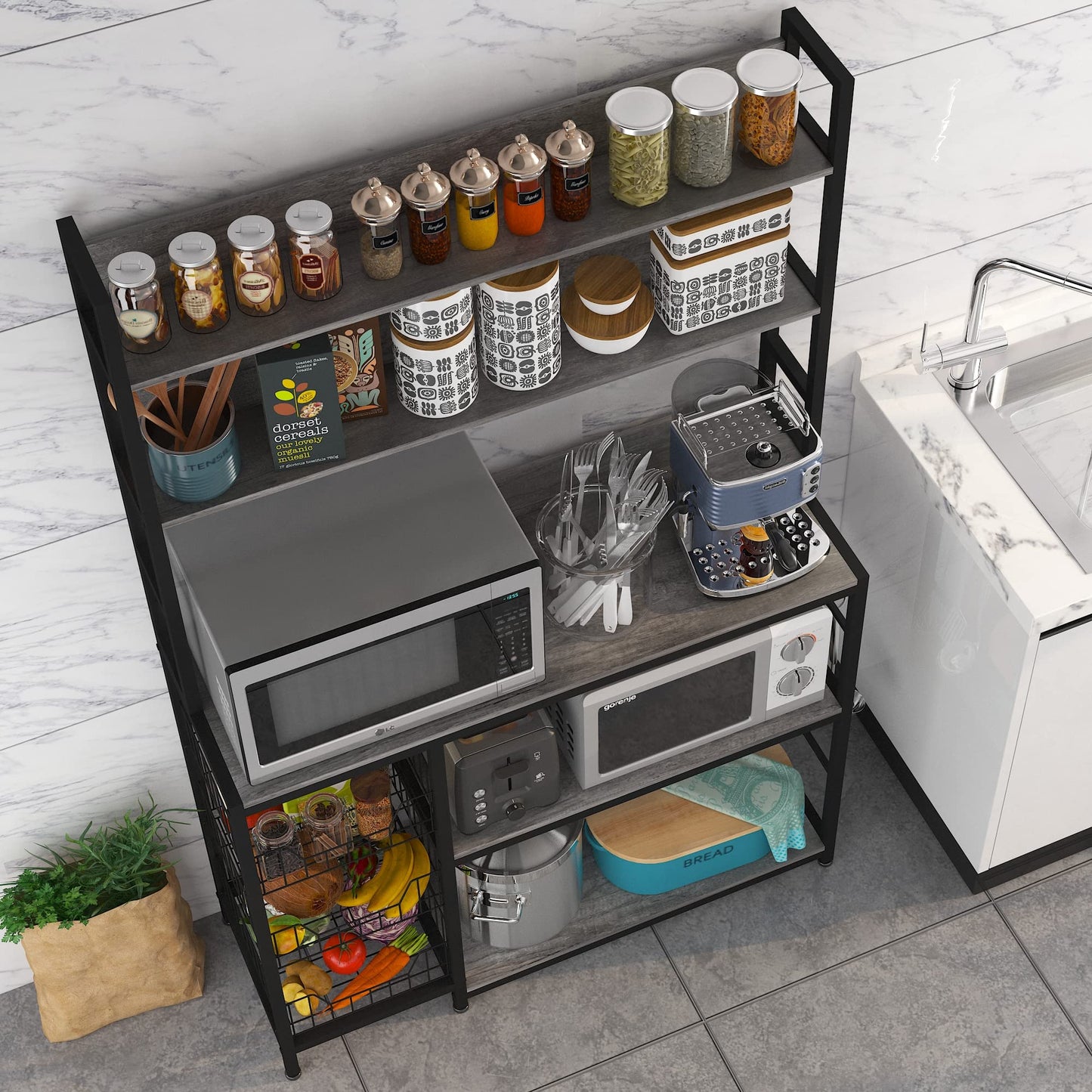 Chnnmbrn Kitchen Bakers Rack with Baskets,Free Standing Shelf,5-Tier Kitchen Utility Storage Shelf with Hooks, Microwave Oven Stand Rack Grey