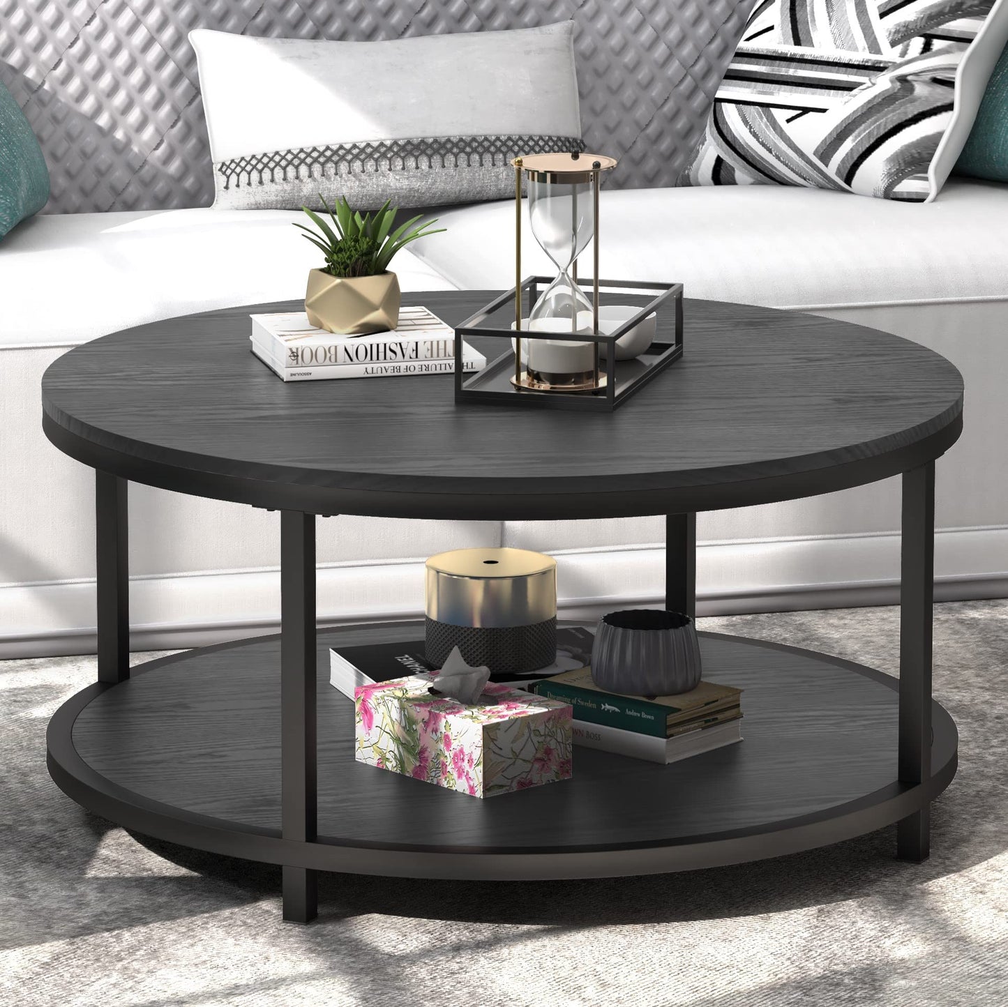 WiberWi Round Coffee Table Black 35.8" Circle Coffee Tables for Living Room Rustic Industrial Design with Sturdy Metal Frame Legs and Open Storage Shelf, Easy Assembly