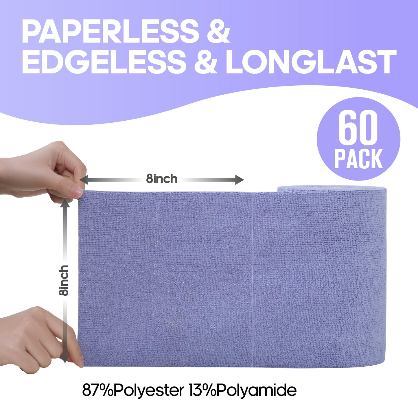 Fantasticlean Microfiber Cleaning Cloth Roll -60 Pack, Tear Away Paperless Towels, 8" x 8", Reusable Washable Rags, for Home Kitchen, Pet, Office, Indoor Outdoor, Compact and Portable (Light-Purple)