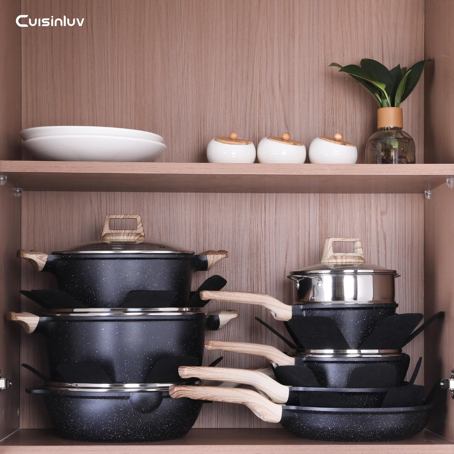 Cuisinluv 23Pcs Pots and Pans Set Non Stick, Kitchen Cookware Sets, Granite Stone Induction Cookware Non Stick Cooking Set w/Frying Pans, Saucepans, Sauté Pan, Griddle Pan, Egg Pan, Black