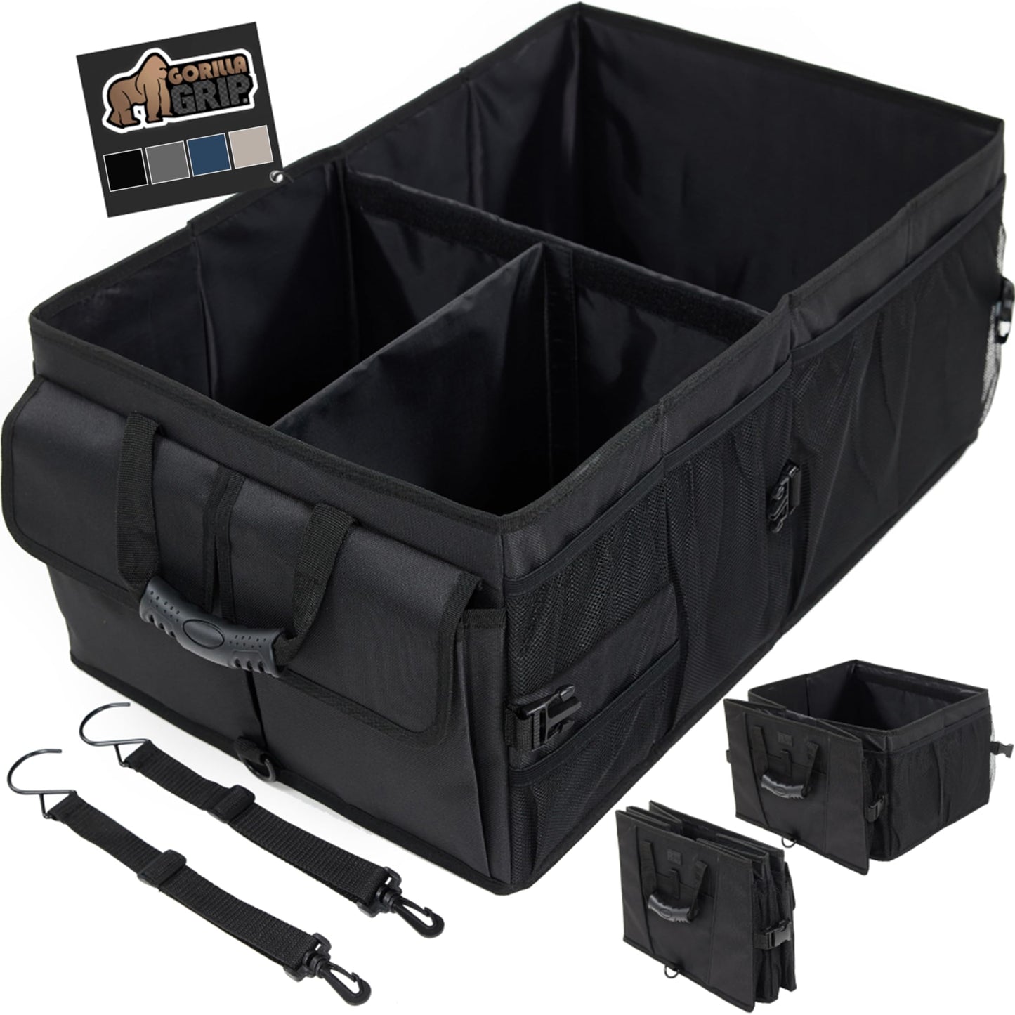 GORILLA GRIP Large Capacity Sturdy Trunk Storage Organizer, Slip and Water Resistant Collapsible Organization Container for Car Sedan or SUV, Multi Compartment Container Box Vehicle Accessories, Black