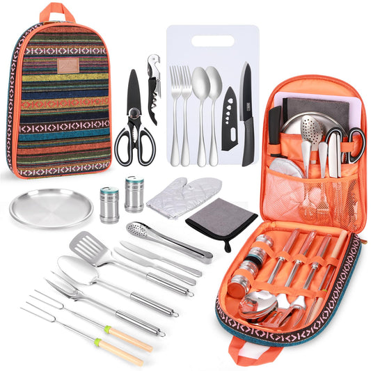 Portable Camping Kitchen Utensil Set-27 Piece Cookware Kit, Stainless Steel Outdoor Cooking and Grilling Utensil Organizer Travel Set Perfect for Travel, Picnics, RVs, Camping, BBQs, Parties and More