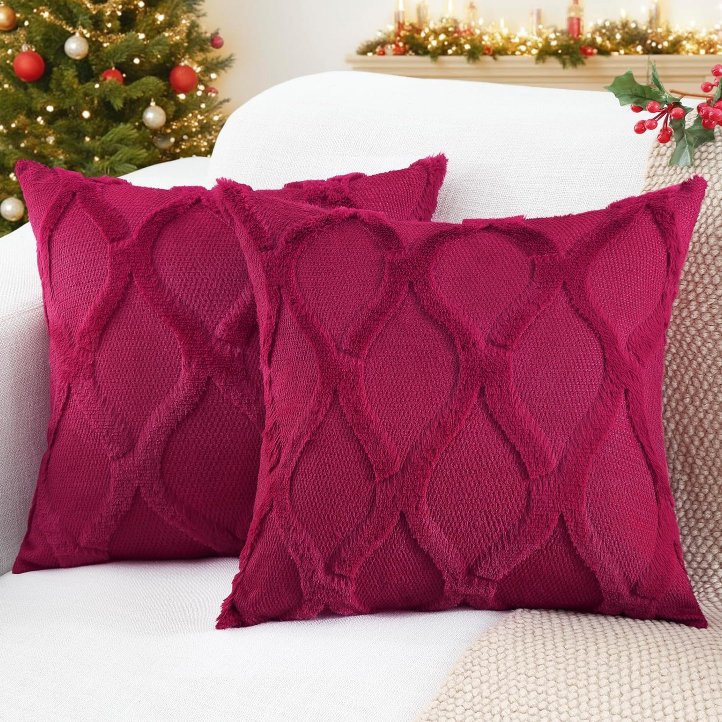 decorUhome Throw Pillow Covers 18x18 Inch Set of 2, Soft Plush Faux Fur Wool Burgundy Couch Pillow Covers, Decorative Neutral Pillow Cases for Bed Sofa Living Room Home Decor